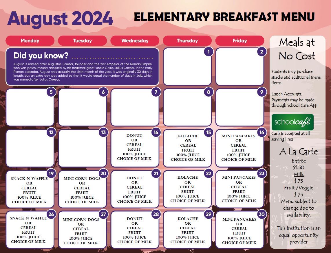 August Elementary Breakfast Menu